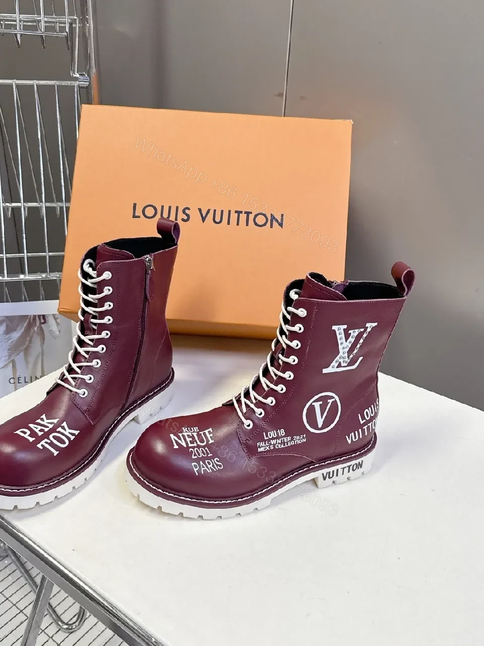 View 9 of Bold Burgundy Combat Boots with Contrast Stitching and Zipper