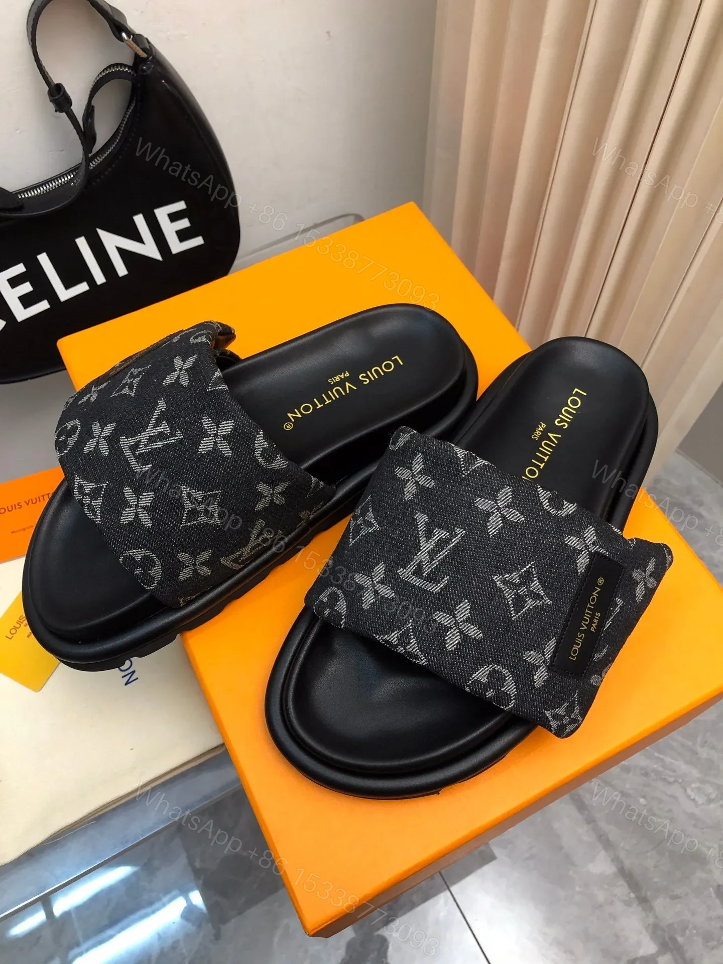 View 4 of LV Women Black Canvas Monogram Slide Sandals