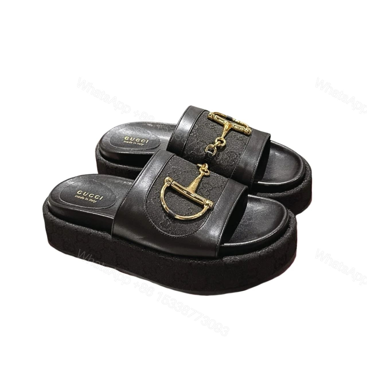 GUCCI WOMEN’S PLATFORM SLIDES WITH HORSEBIT BLACK — view 1
