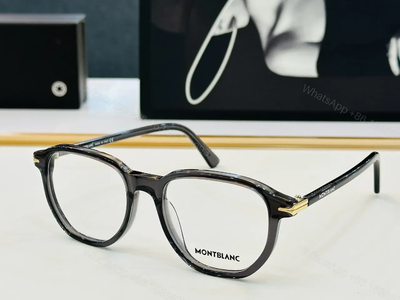 View 5 of Bold Black Montblanc-Style Eyeglasses: All-Day Comfort, Gold Details
