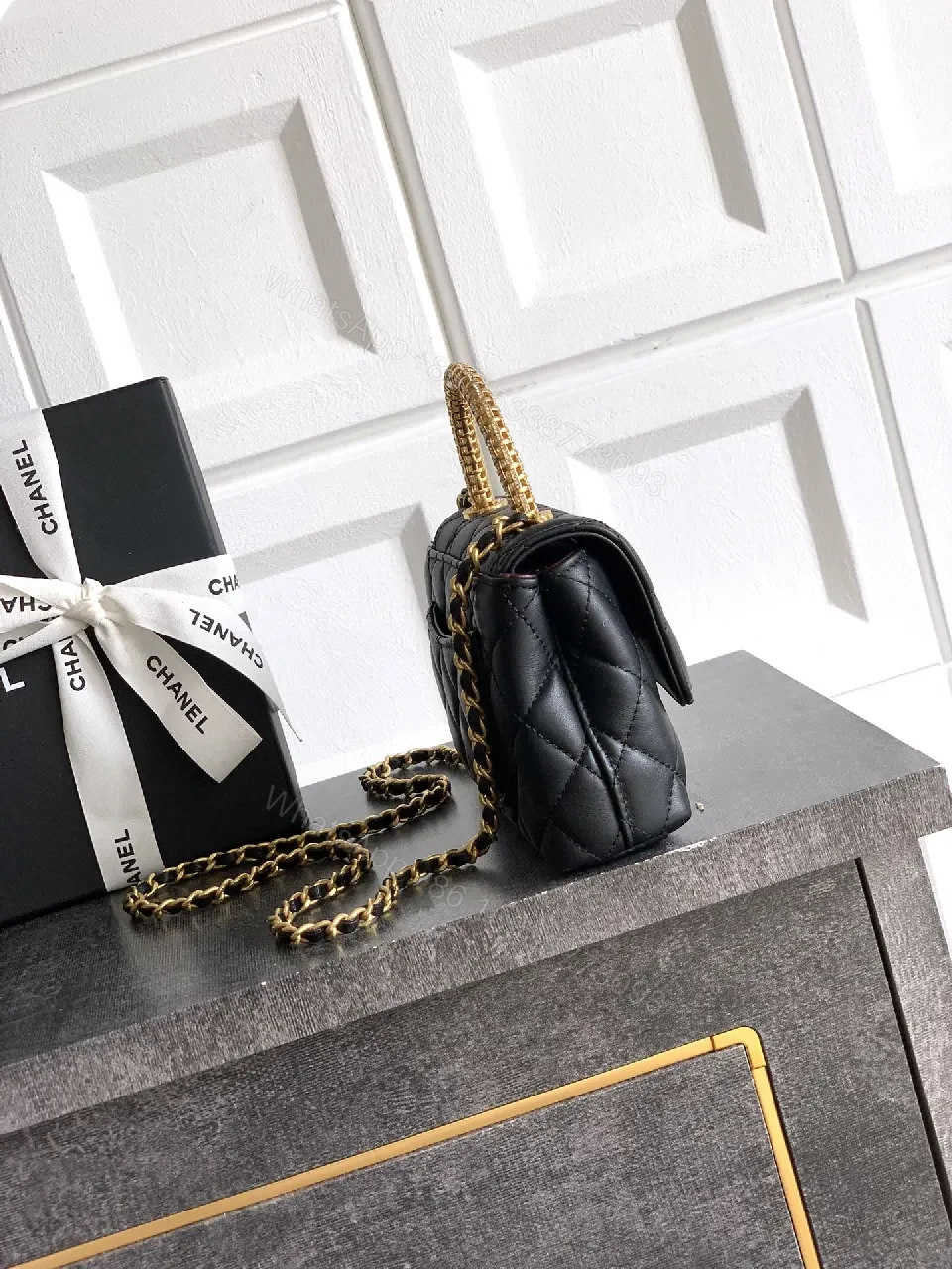 View 2 of Chic Quilted Black Leather Bag with Gold Chain