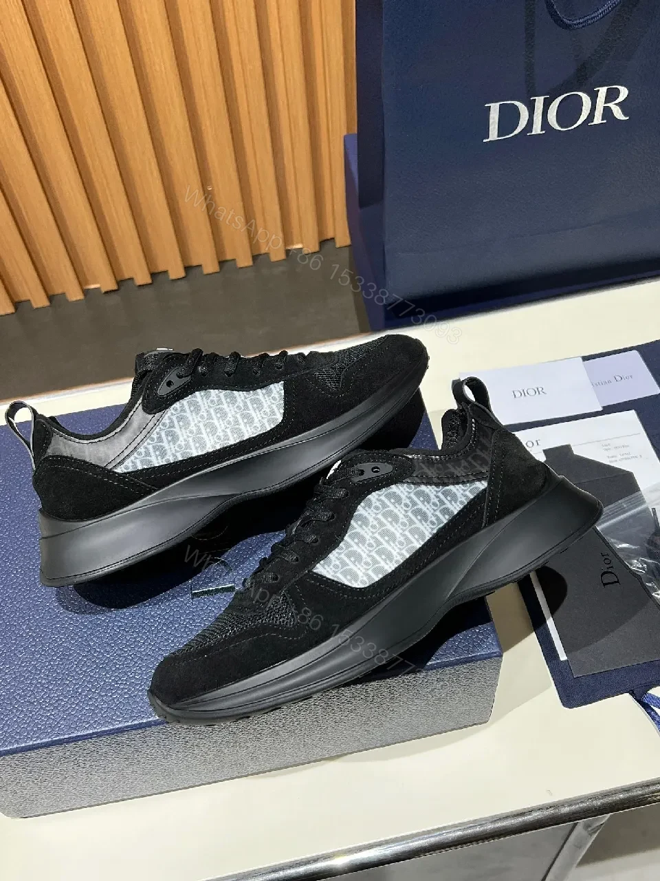 View 4 of Black Mesh Suede Runner with Monogram Accent Sneaker