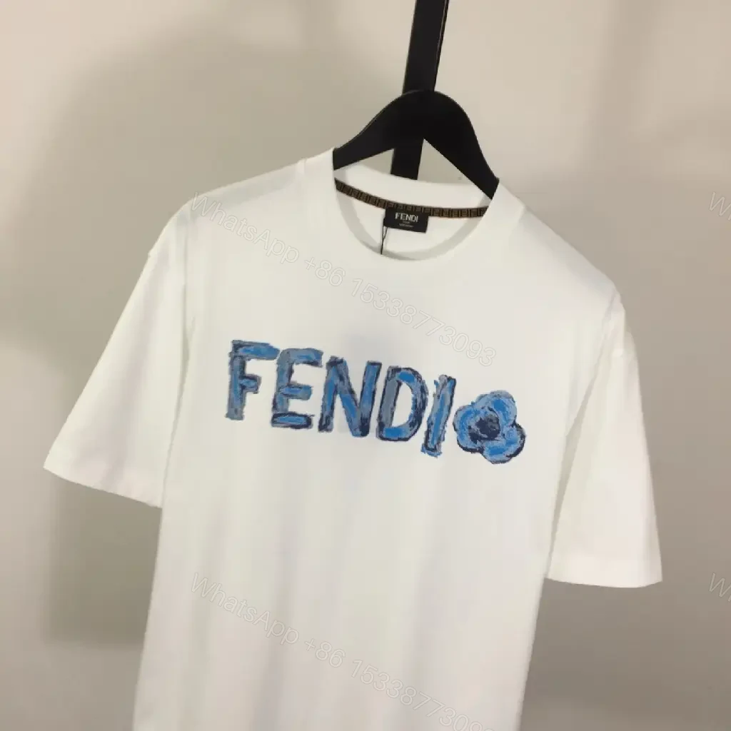 View 2 of White/Blue Textured FENDI Logo Crewneck T-Shirt