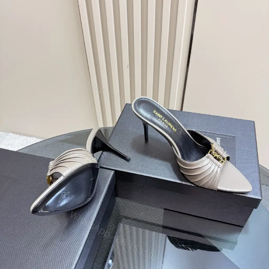 View 3 of Taupe Leather Pleated Mules: Slim Stiletto Comfort