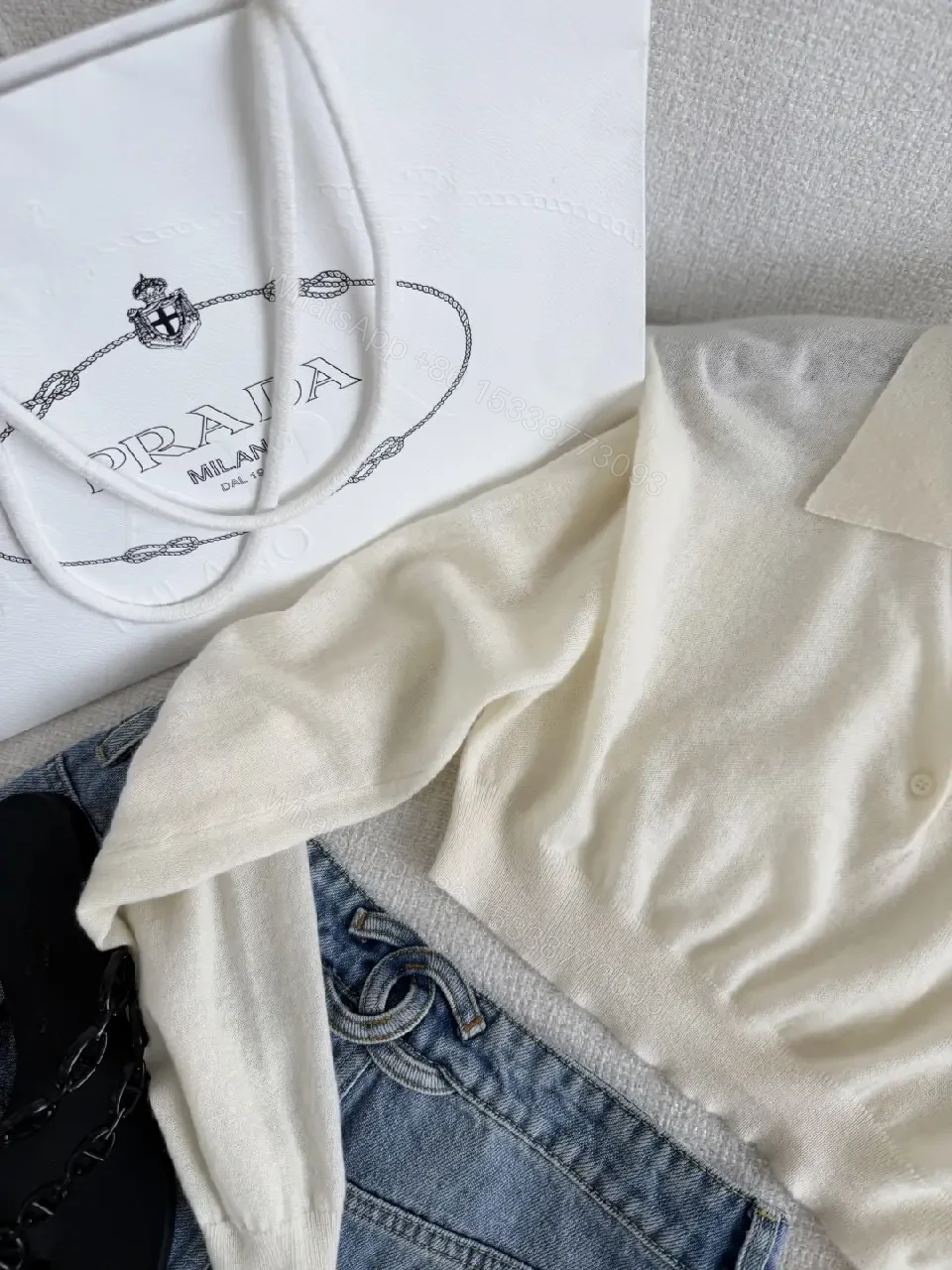View 10 of Cream Polo Knit Sweater with Prada Logo, Classic Raglan