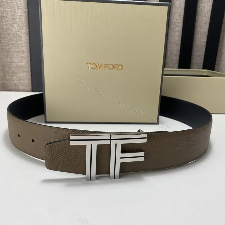 View 2 of Taupe Full-Grain Leather Belt with Signature TF Buckle