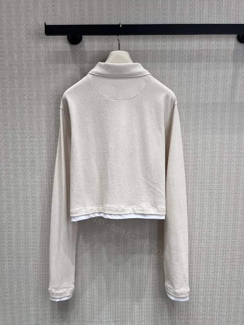 View 7 of Off-White/Cream Knit Cropped Polo Shirt with Ribbed Trim and Logo