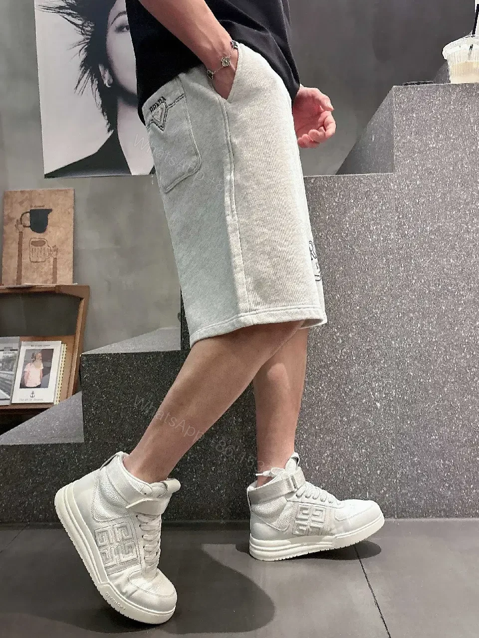View 4 of Gray Hoodie Shorts Fabric Streetwear Drawstring Shorts