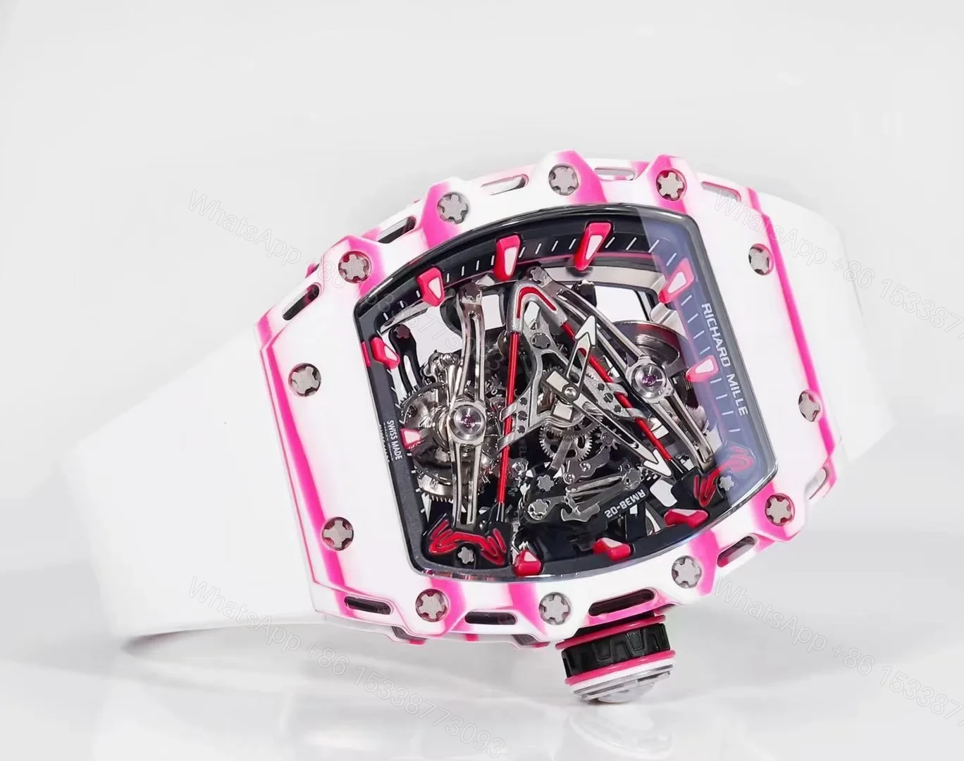 View 5 of Richard Mille RM38-02 Tourbillon Bubba Watson Watch Pink Quartz Carbon Fiber Skeleton Dial Golf Ball Inspired Manual Winding Movement RM38-02-BW-PQC-SK10