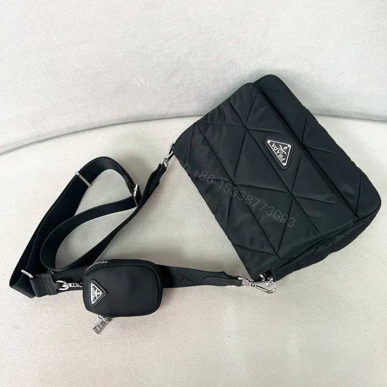 View 5 of Compact Quilted Messenger Bag â€” Dark Matte Black Prada Accent