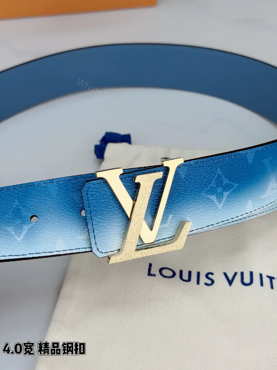 View 5 of Blue Gradient Leather Belt with Gold Buckle – Elegant Everyday Accessory