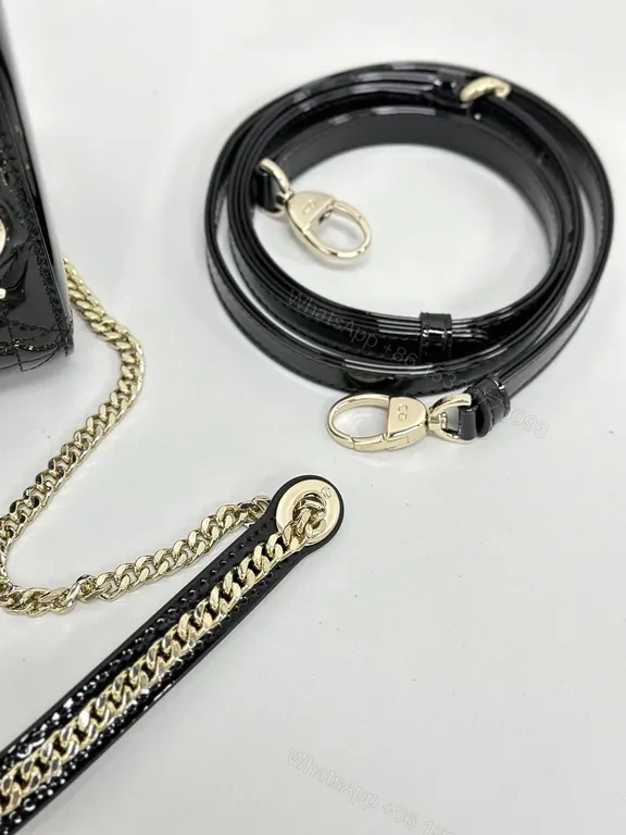 View 2 of Small-Handled Black Patent Bag: Chain Detail & Charms Brand-To-Go