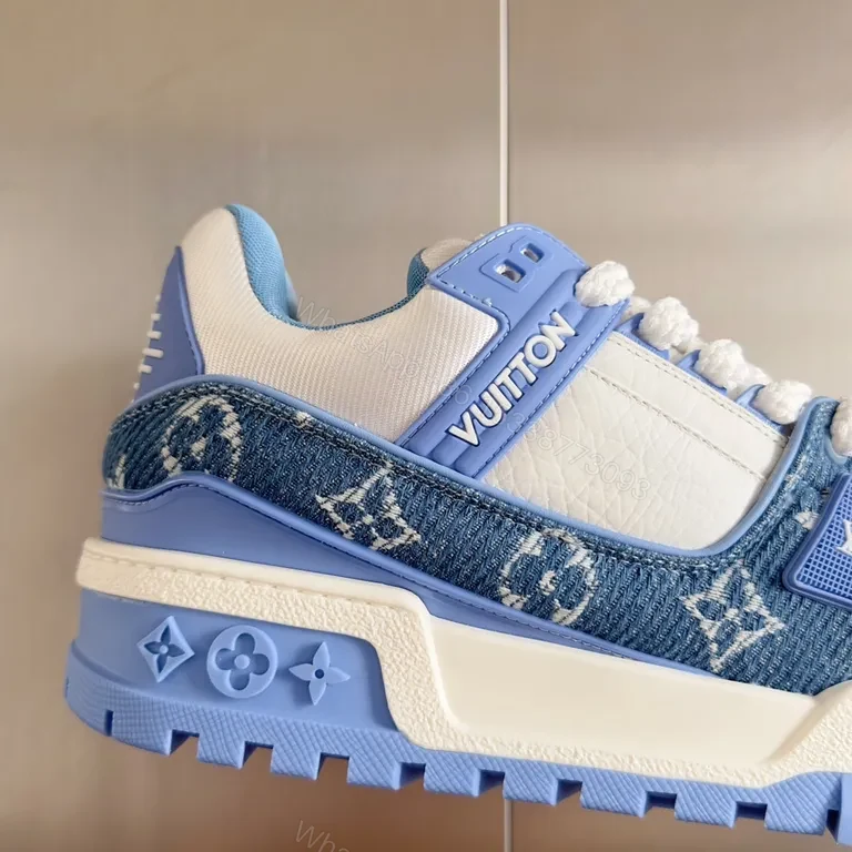 View 6 of Louis V Luxe High-Top Sneakers: Light-Blue Leather with LV Details