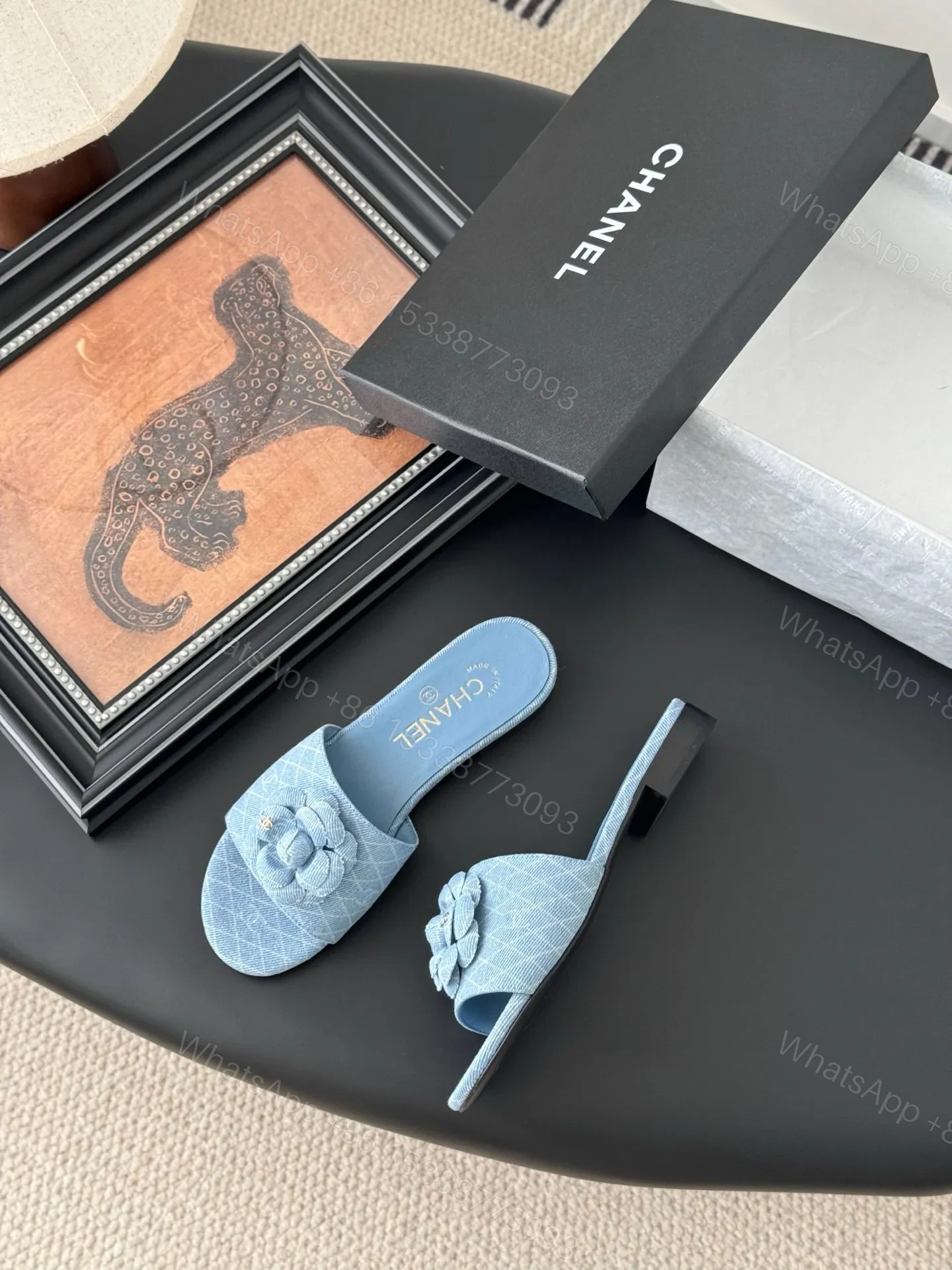 View 3 of Chanel Women Light Blue Fabric Slides