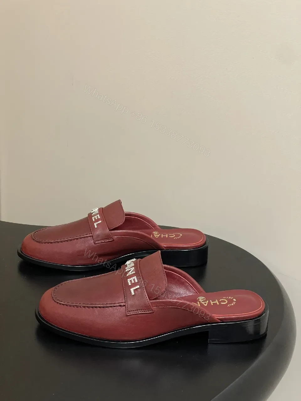 View 5 of Burgundy Leather Mule Slides with Signature Logo Billet