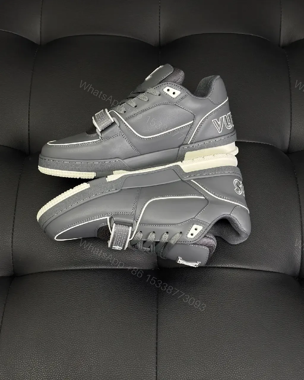 View 4 of Grey Leather Structured Sneakers with Velcro Detail
