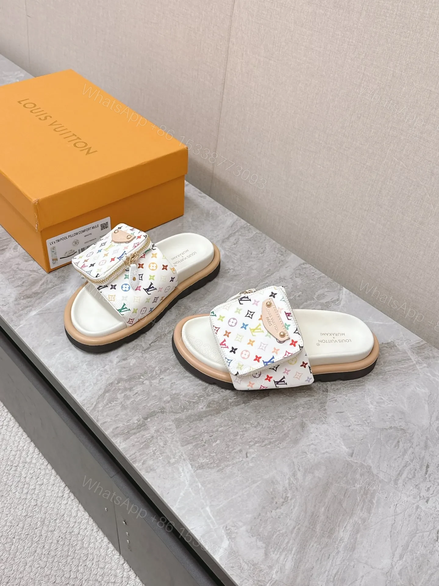View 3 of LV Women White Leather Multicolor Logo Mules