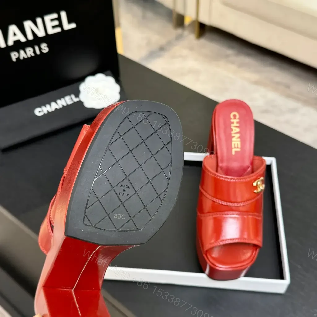 View 2 of Bold Red Platform Mules with Gold Logo Hardware