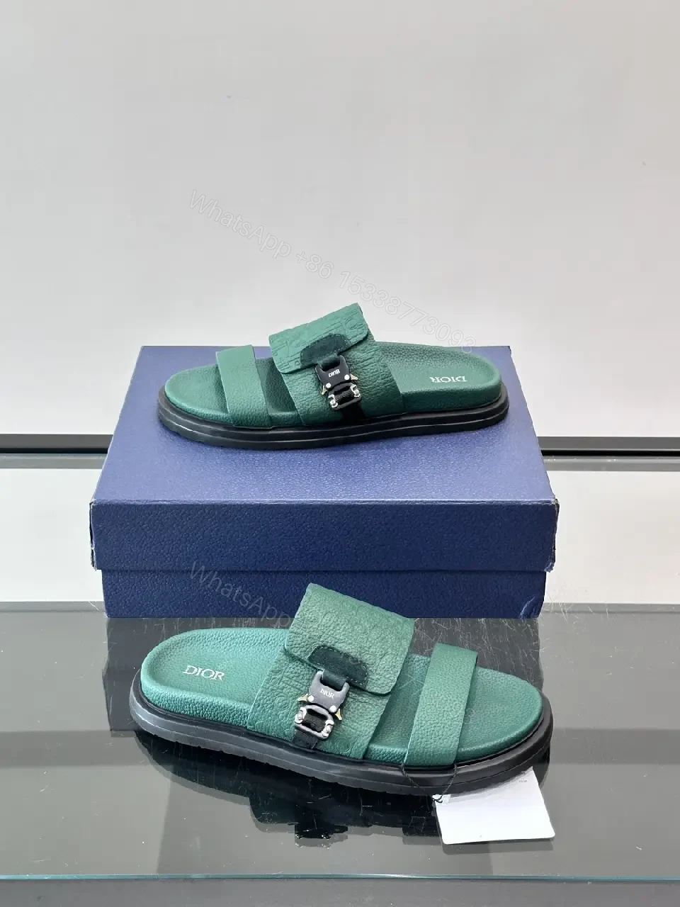 View 6 of Green Leather Slide Sandals Minimalist Style with Buckle Feature Sandals