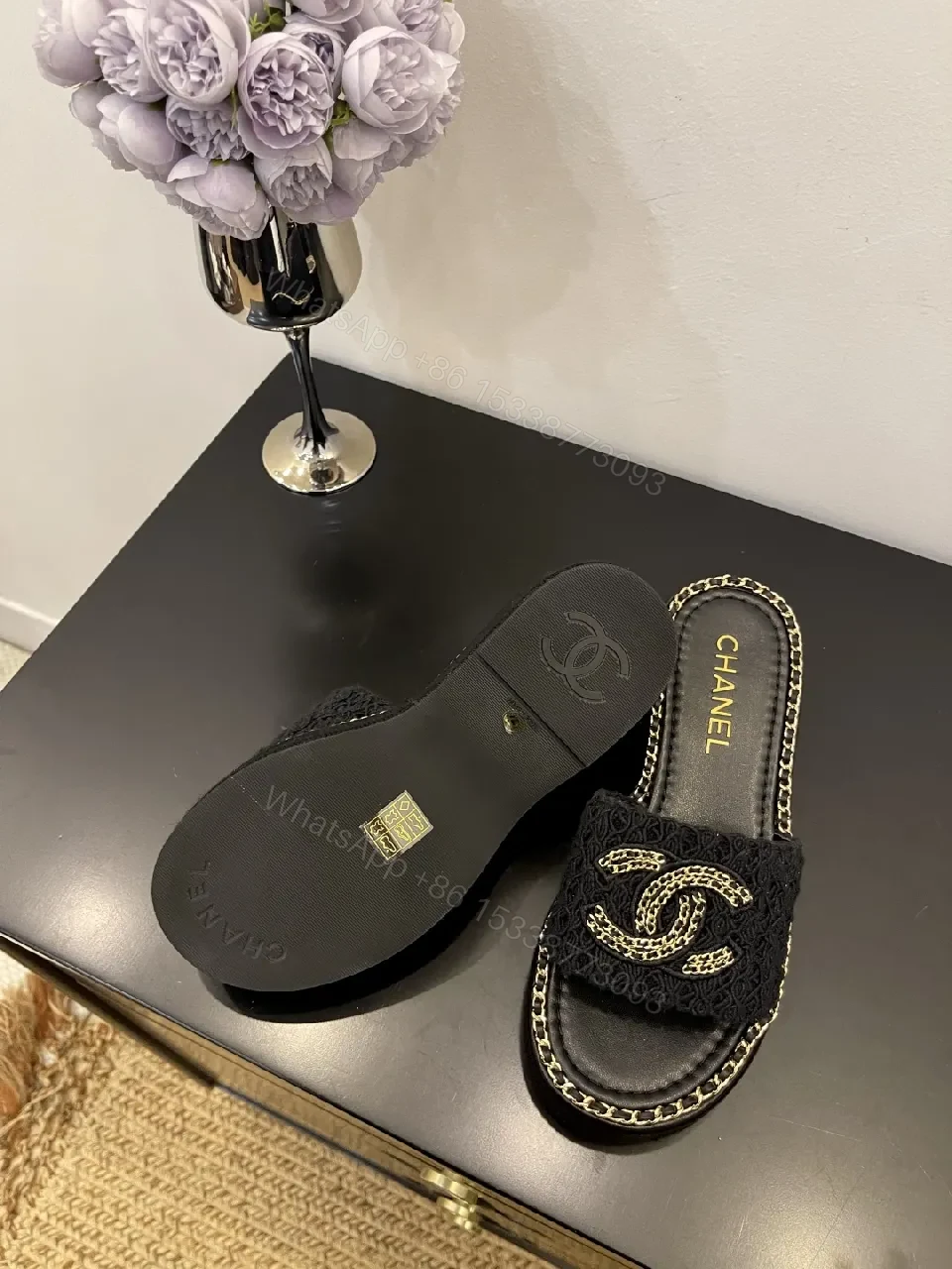 View 4 of Lux Knit Slides with Signature Chain Detailing