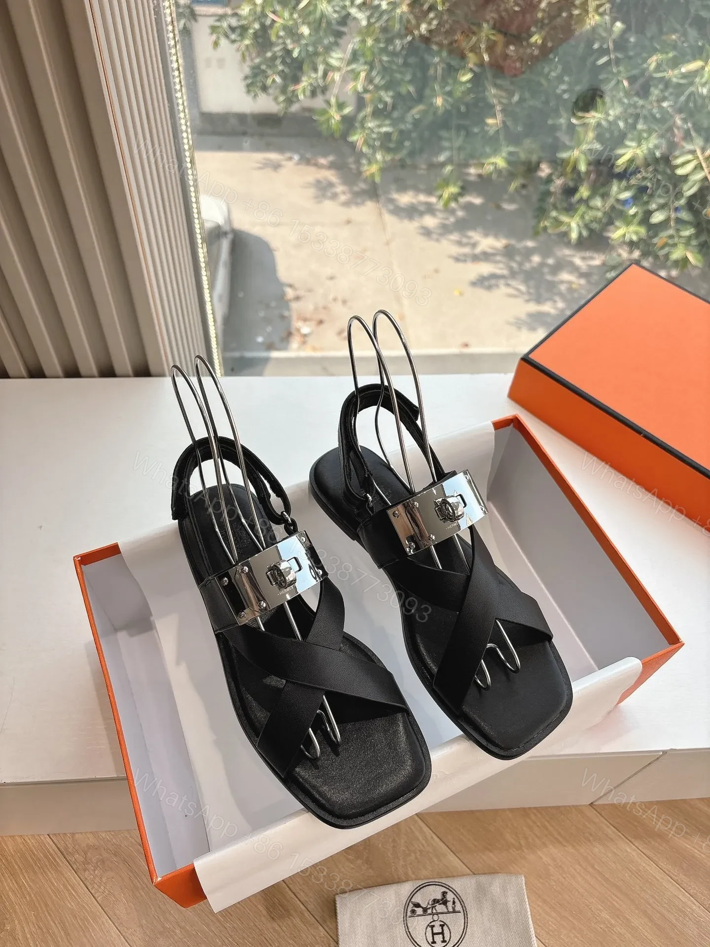 View 3 of Hermes Women Black Leather Strappy Sandals