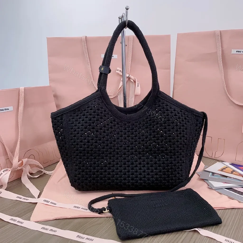 View 7 of Black Crochet Tote, Fine Knit, Minimalist, Logo Embroidery Tote Bag