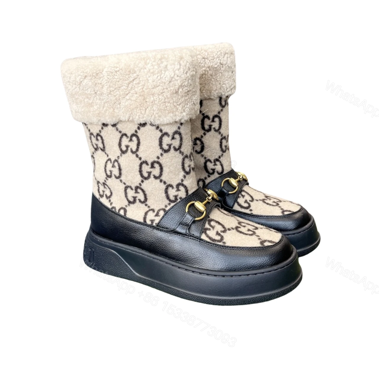 GUCCI 1955 HORSEBIT SNOW BOOTS AND SHEARLING IN BLACK BEIGE — view 1