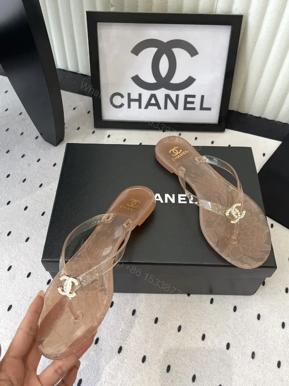 View 3 of Beige Leather Chanel Logo Flip-Flops Sandals