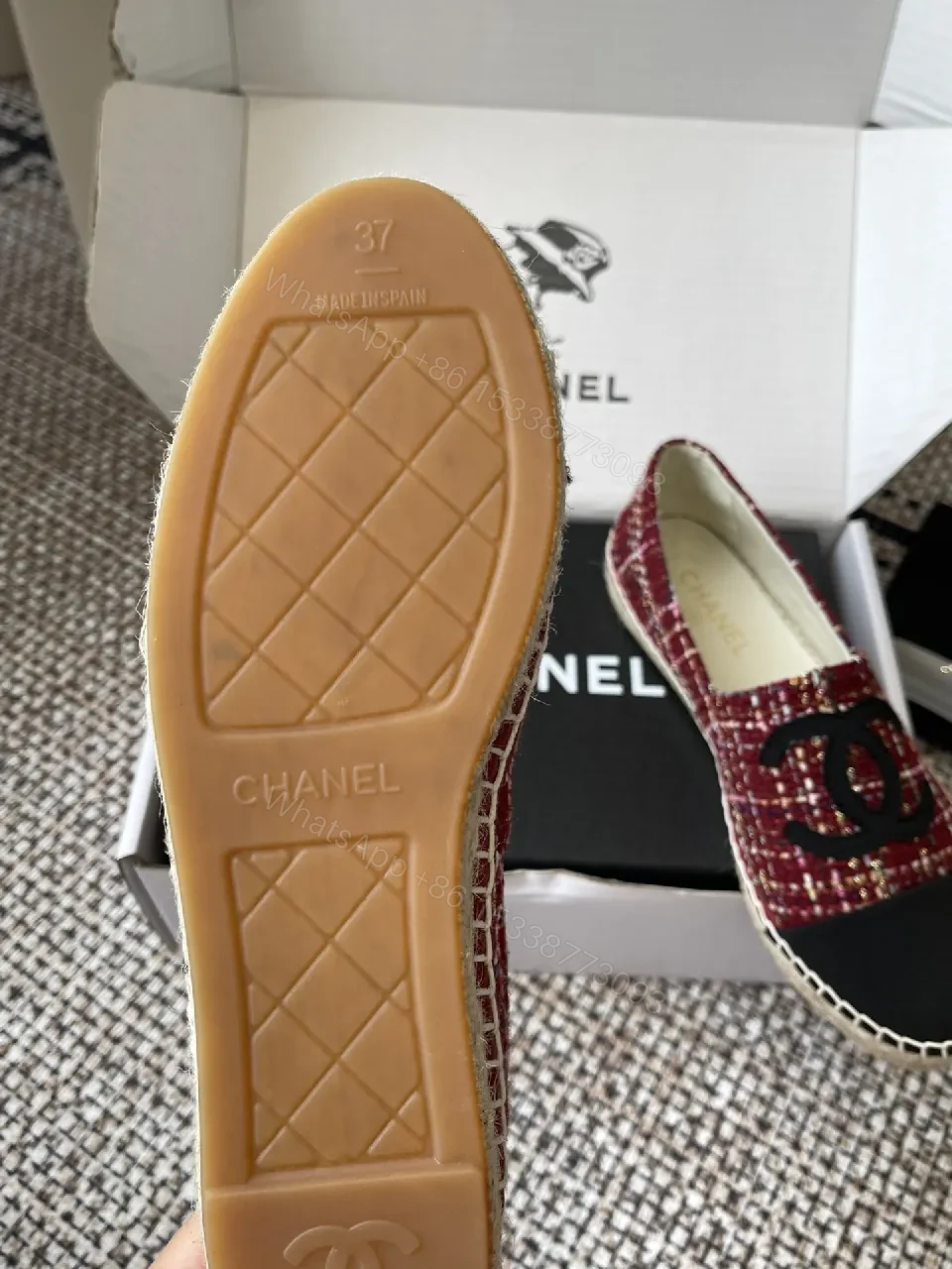 View 4 of Red Tweed Espadrille Loafer with Double-C Logo