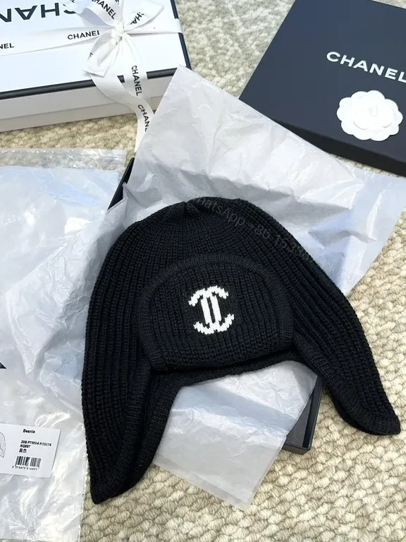 View 5 of Chanel-Inspired Knit Ear Warmer Cap with Logo Patch