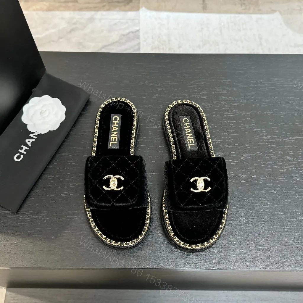 View 9 of Velvet Black Slide-Ons with Chain Trim, Luxe Casual Comfort