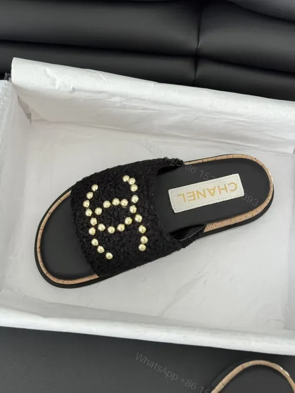 View 3 of Chanel-Inspired Black Knit Slides with Gold Logo Accents