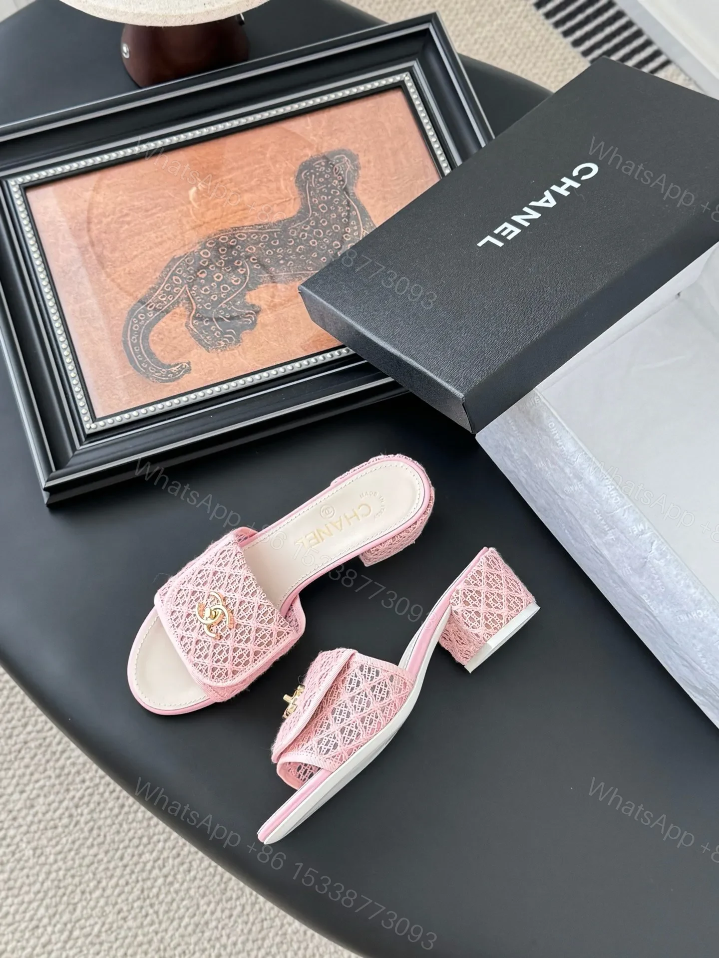 View 4 of Chanel Women Pink Woven Leather Slides