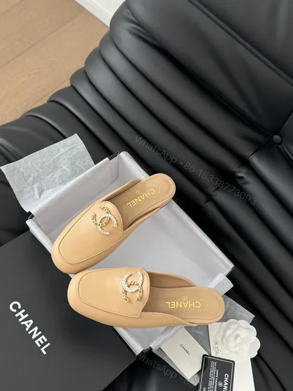 View 7 of Tan Leather Chanel-Style Mules: Signature Hardware, All-Day Comfort