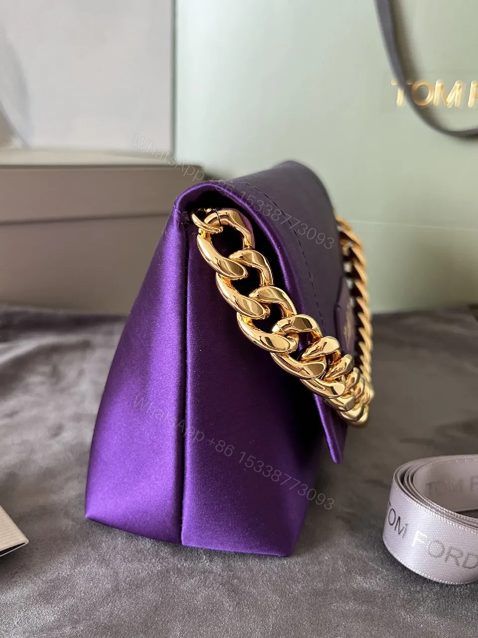 View 9 of Purple Velvet Clutch with Gold Chain – Luxe Evening Accessory