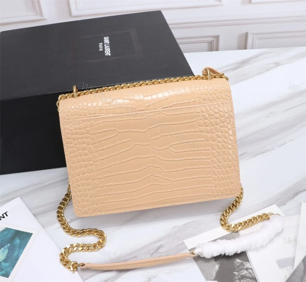 View 3 of Saint Laurent Sunset Medium Chain Bag In Crocodile-Embossed Shiny Apricot 22Cm 442906DND0N9207