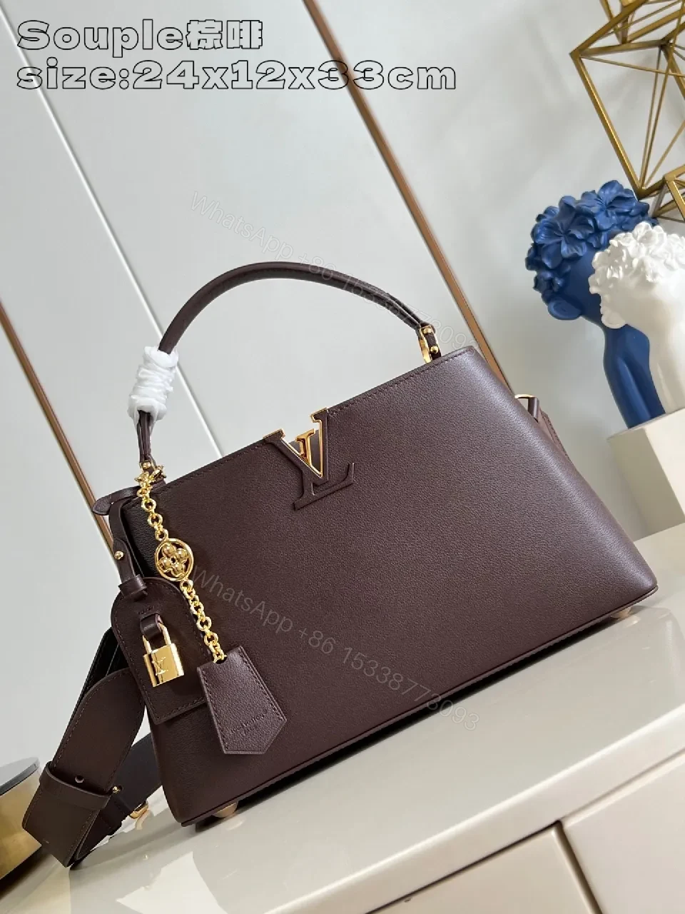 Brown Leather Structured Handbag | Gold Hardware, Top-Handle, Crossbody Light — view 1