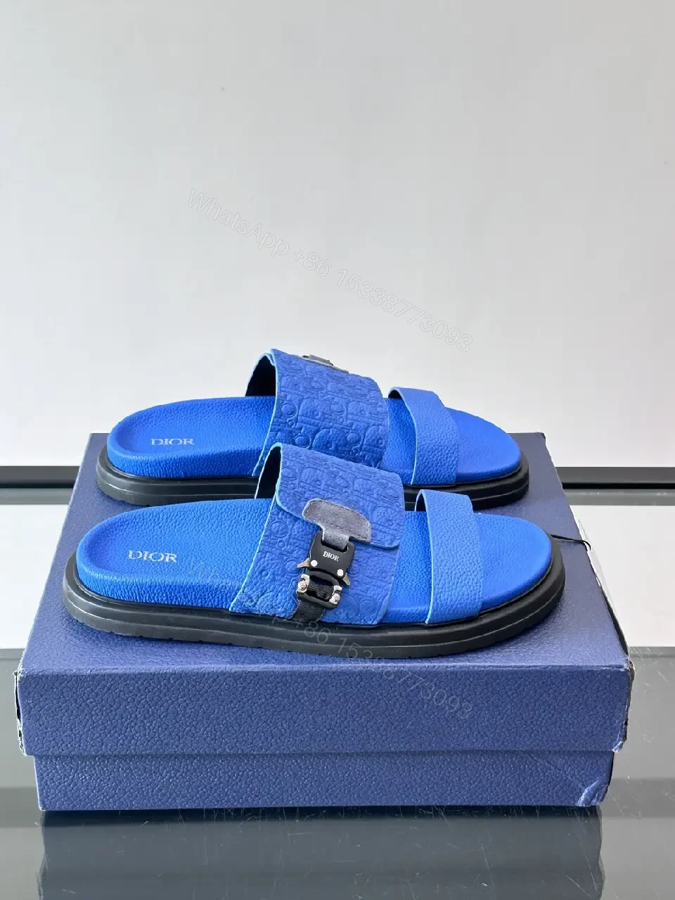 View 5 of Blue Embossed Slide Sandals with Buckle - Dior Inspired Sm?