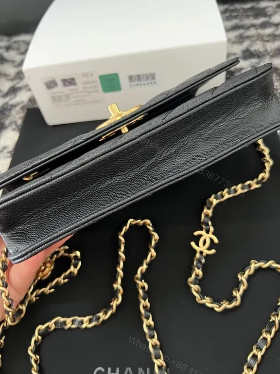 View 3 of Chic Quilted Wallet on Chain: Black Leather, Luxe Gold, CC Logo