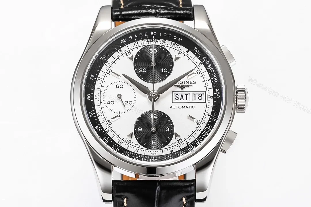 View 2 of Longines Classic Re Edition Men’s Watch Black and White Dial 40mm Stainless Steel Case Black Leather Strap Automatic 7750 Movement