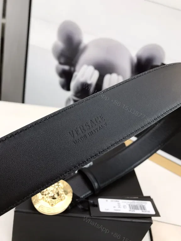 View 2 of Bold Versace-Style Leather Belt with Gold Medusa Buckle