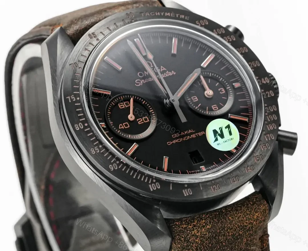 View 2 of Omega Speedmaster Dark Side of the Moon Black Ceramic Chronograph with Brown Leather Strap