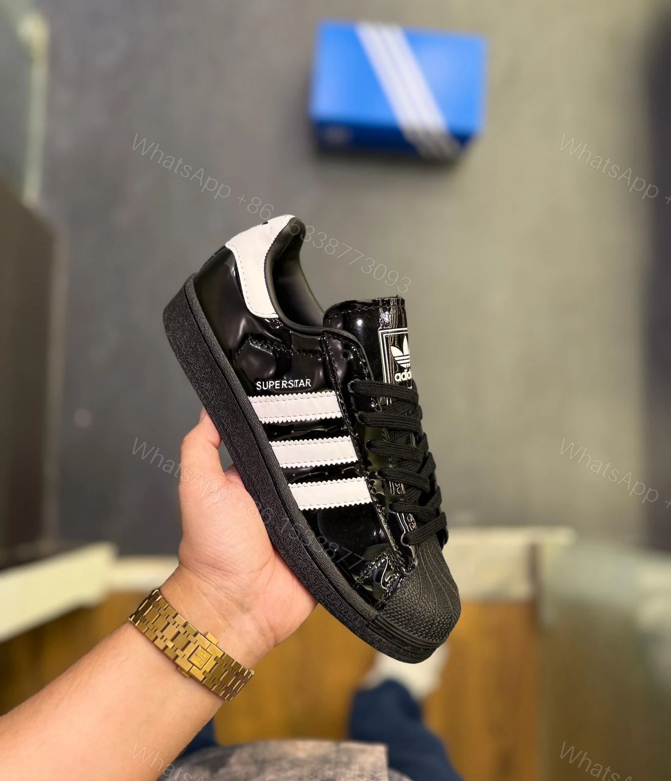 View 6 of First Copy Adidas Originals Superstar Atmos Black Patent Sneakers for Men