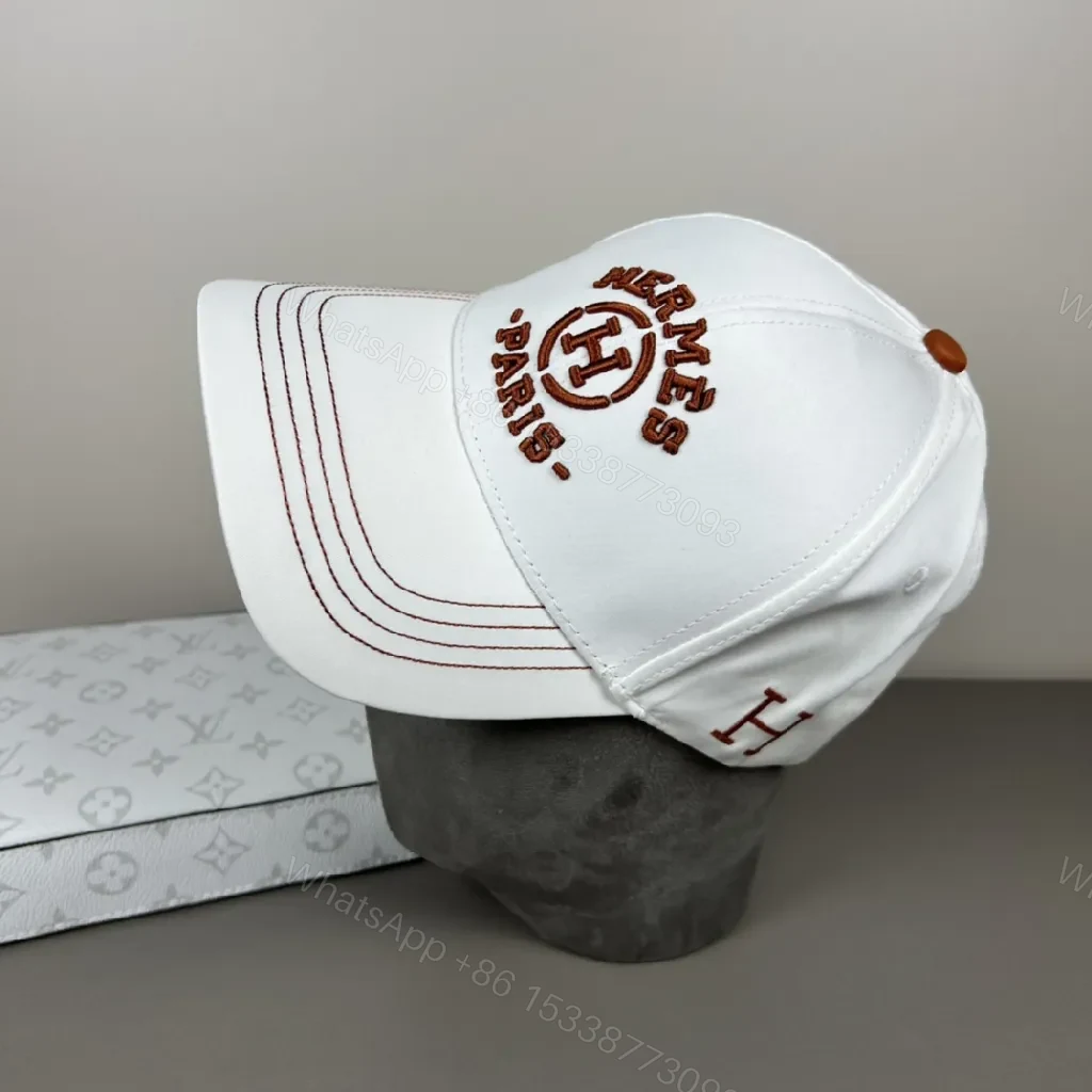 View 5 of White Cotton Cap + Embroidered Hermes Pattern + Modern Crown + Subtle Luxury + Cap