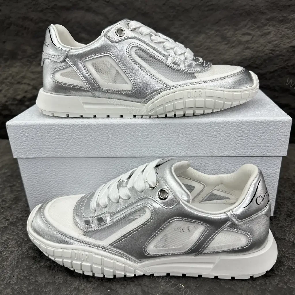 View 7 of Silver Metallic Leather Trainers with Mesh Panels, Chunky Sole, Dior-Style Motif Sneaker