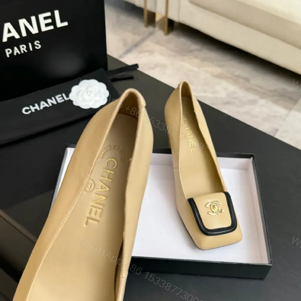 View 7 of Beige Leather Block-Heel Pumps with Hardware Details