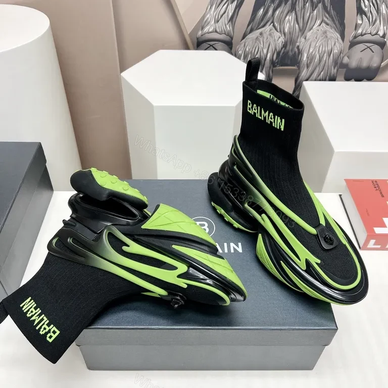 View 3 of Neon Balmain Knit-Top Sneakers: Luxe Sport High-Tops