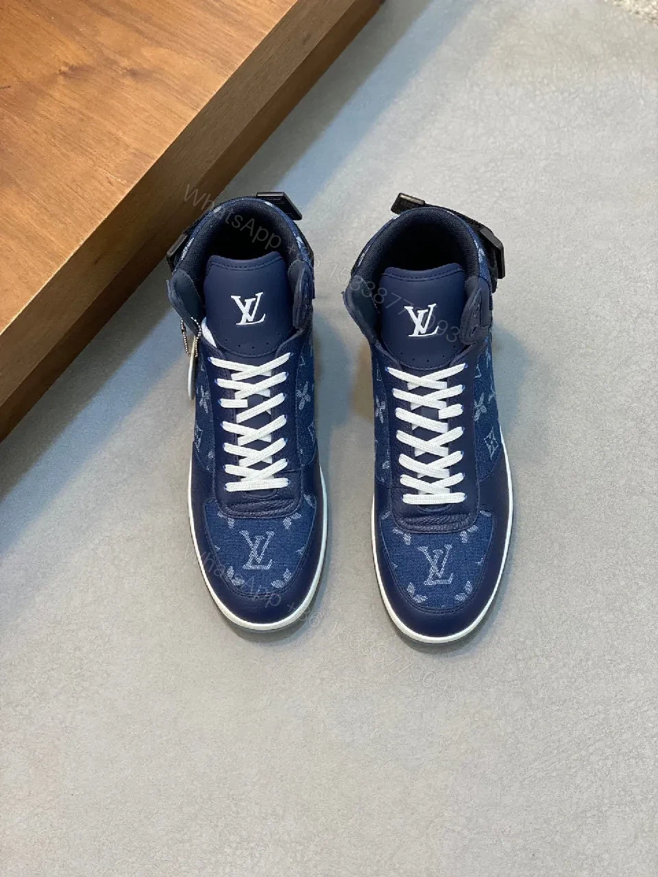 View 4 of Blue Patchwork Leather-Textile High-Top Sneakers with Monogram Feature