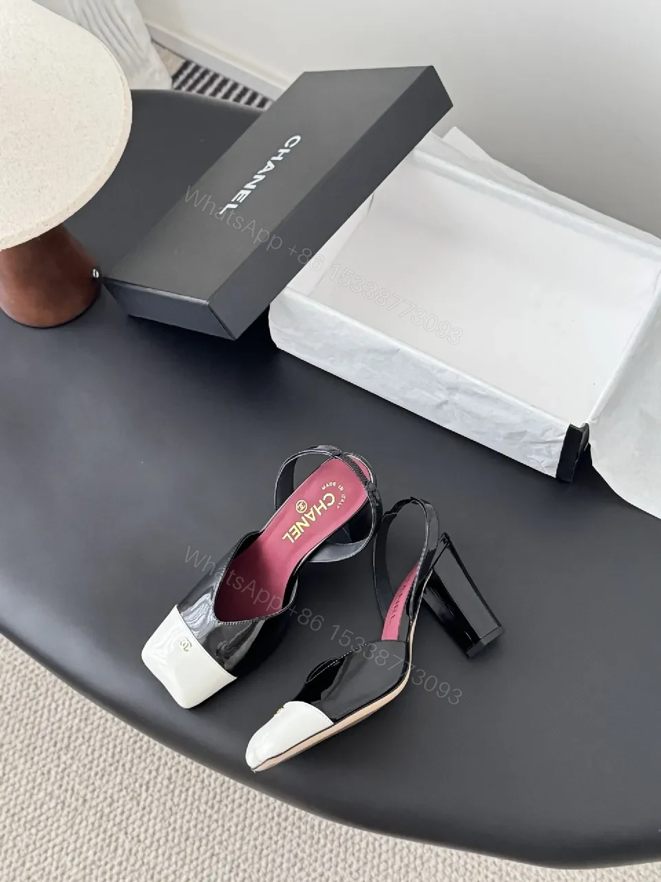 View 4 of White-to-Dark Patent Open-Toe Slingback Heels with Block Heel