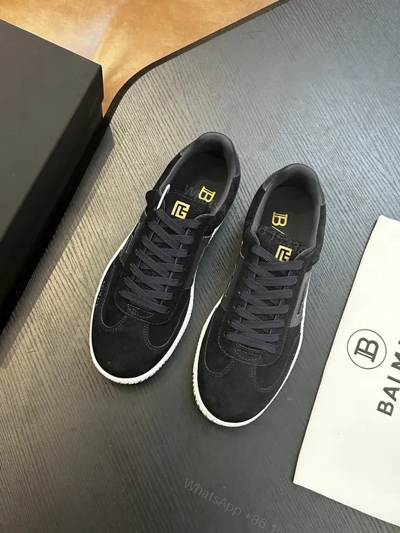 View 3 of Black/Gold Balmain-Style Low-Top Sneakers, Replica, Dark Blue Laces